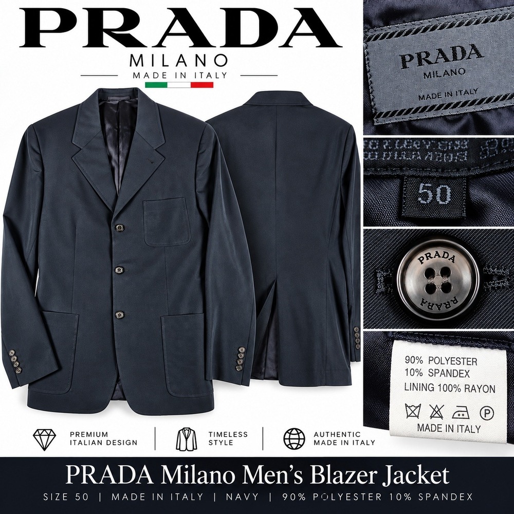 PRADA Milano Mens Performance 3 Button Blazer Jacket 50 Dark Navy Made in Italy